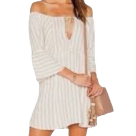 Free People Tan and White Stripe Folk Town Linen Blend Mini Dress Size S - Picture 1 of 6